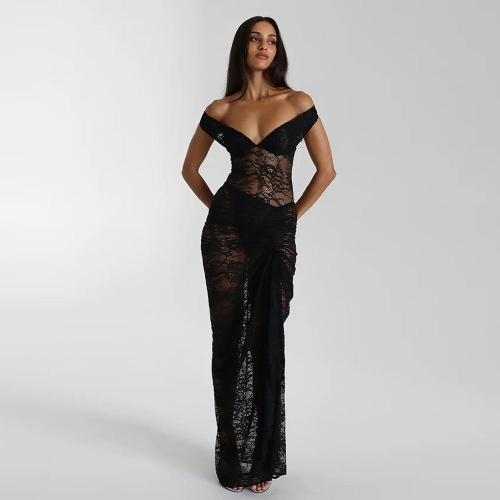 Women Strapless Backless Lace Bodysuit and Skirt Two-Piece Set