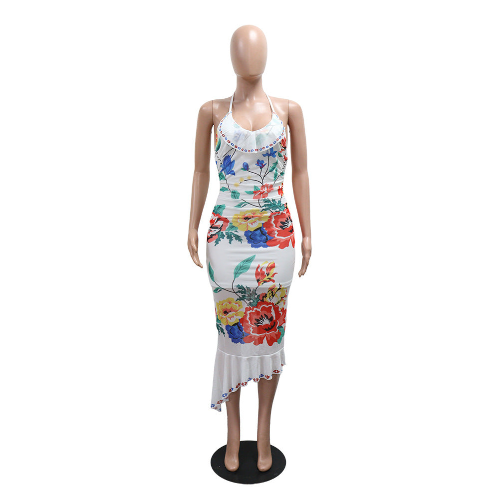 Women Sexy Backless Lace-Up Print Irregular Ruffle Bodycon Maxi Dress 10