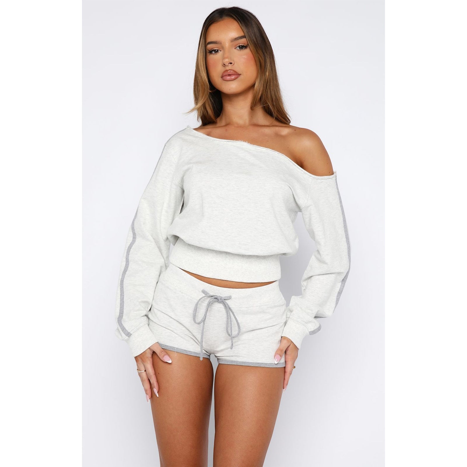 Women's Casual Slash Shoulder Long Sleeve Top Drawstring Shorts Two-Piece Set 21