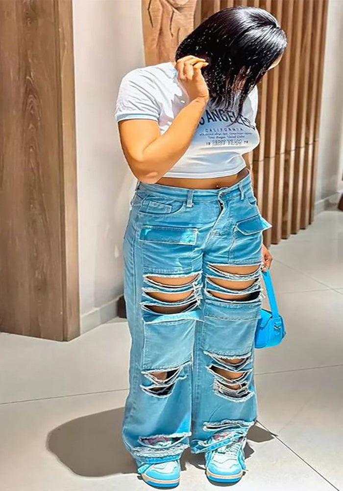 Women Street Style High Waist Ripped Pocket Straight Denim Pants