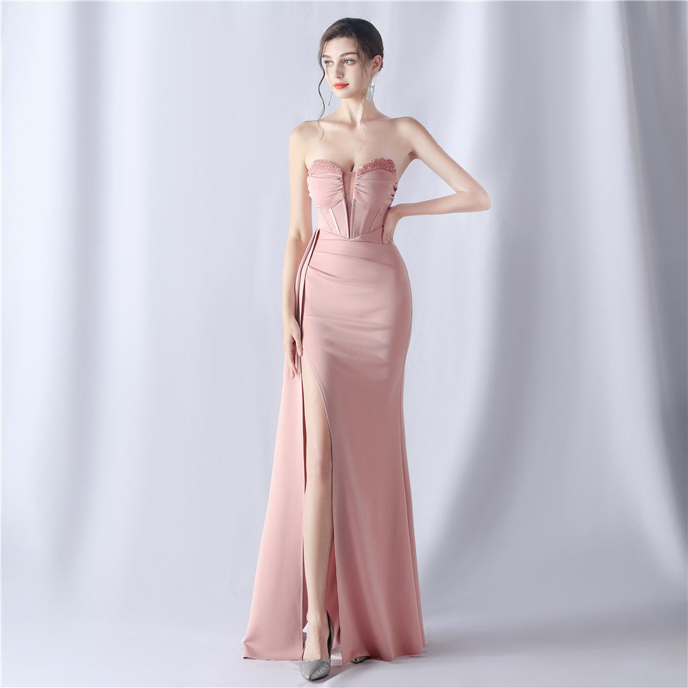 Women fishbone beaded high-end slit evening dress 17
