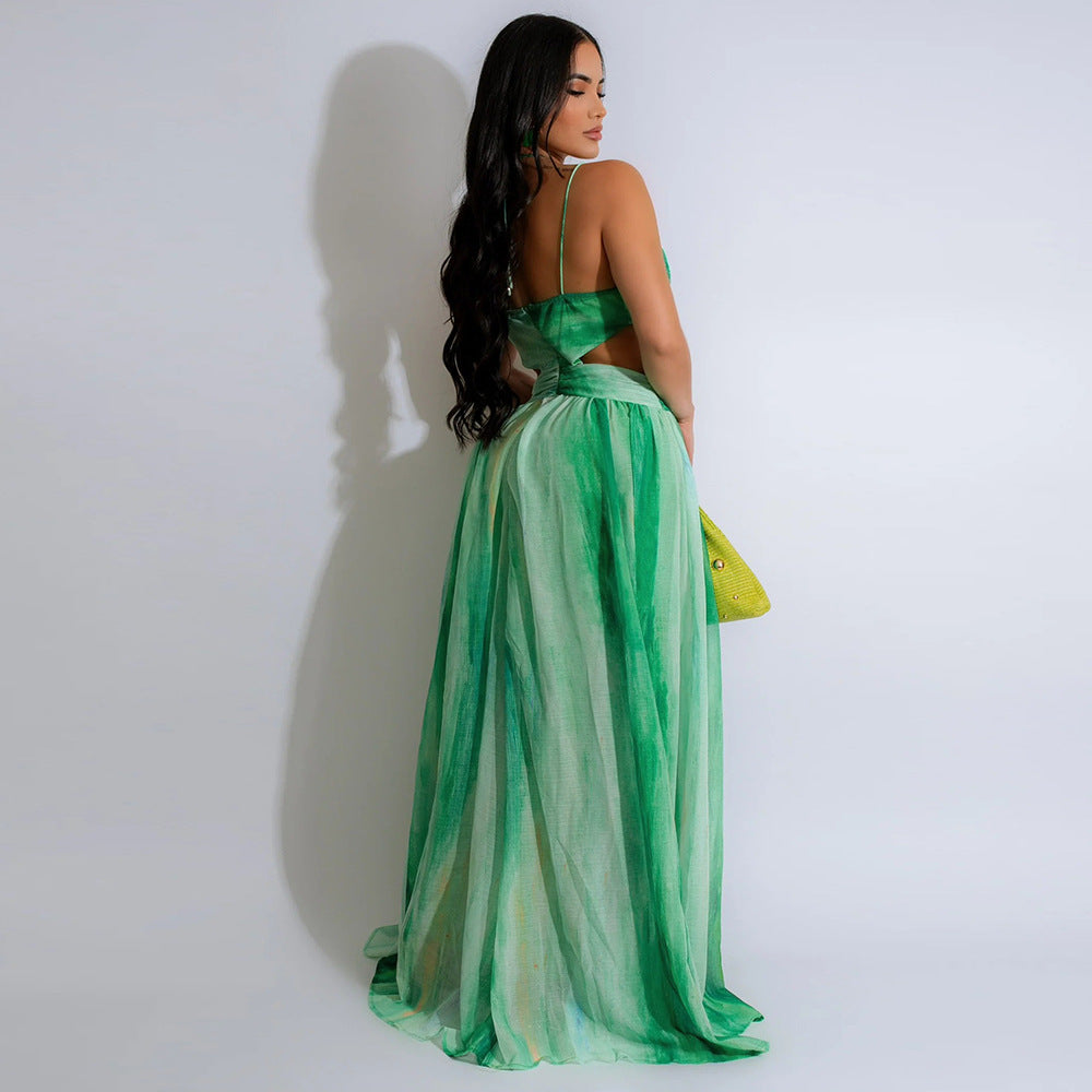 Halter Lace-Up Sleeveless V-Neck Printed Women Fashion Sexy Long Dress 3