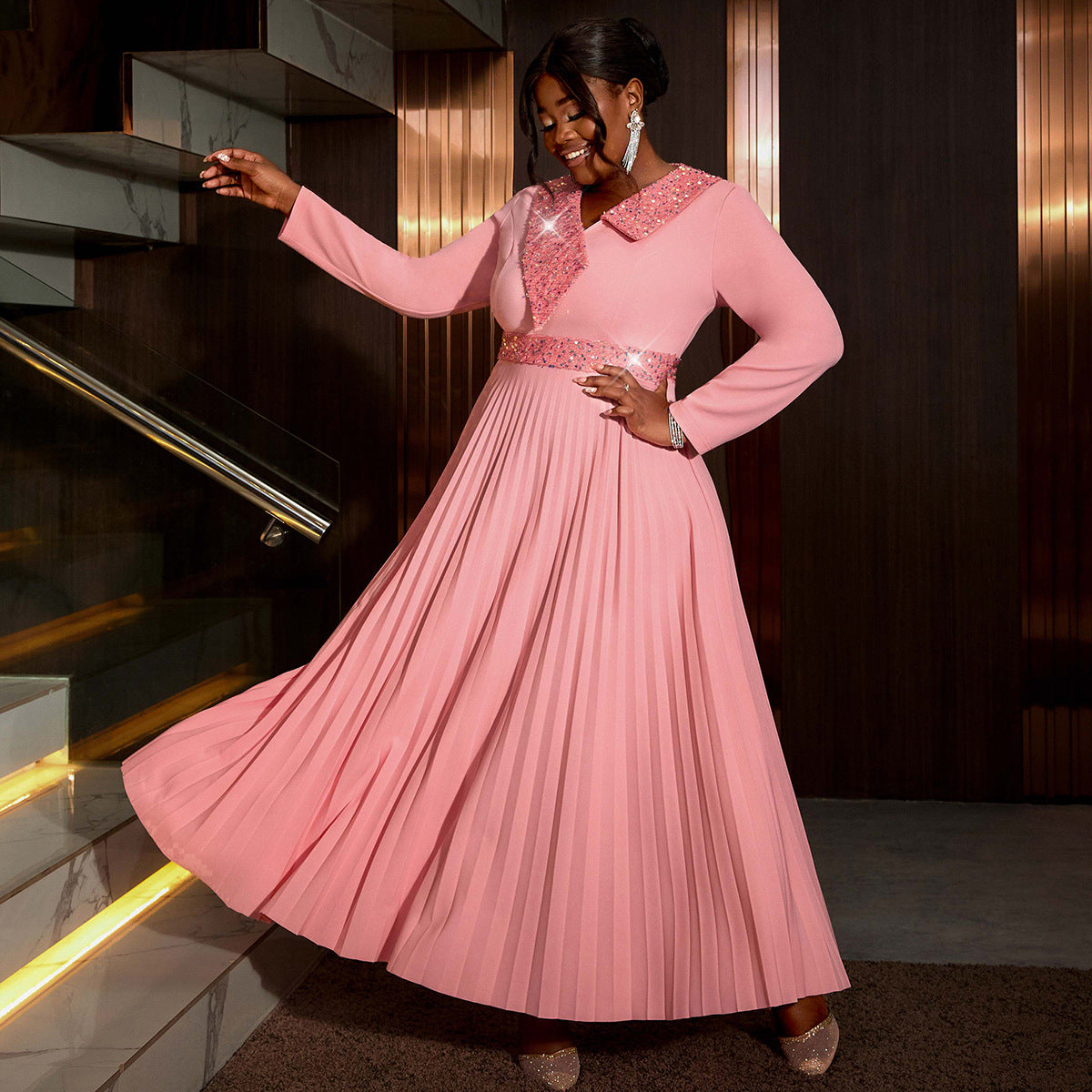 Women pink sequined v-neck pleated party dress 3