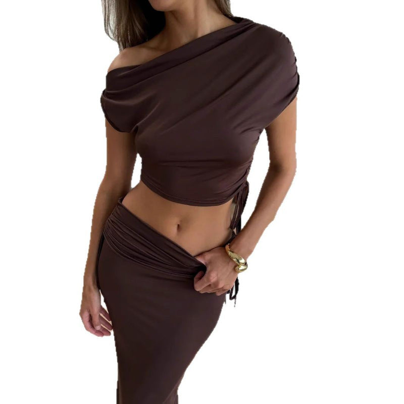 Women's Fashion Slash Shoulder Sexy Crop Top & Slit Skirt Set 6