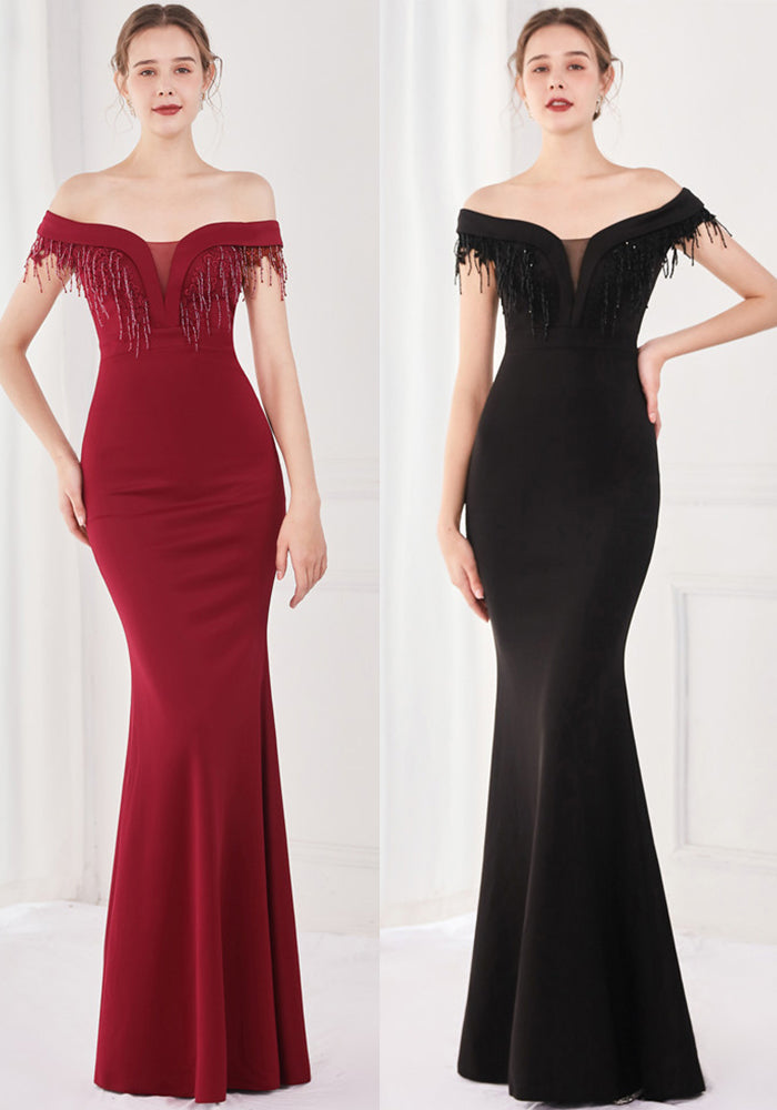 Elegant Fringe Tassels Off Shoulder Formal Mermaid Evening Dress