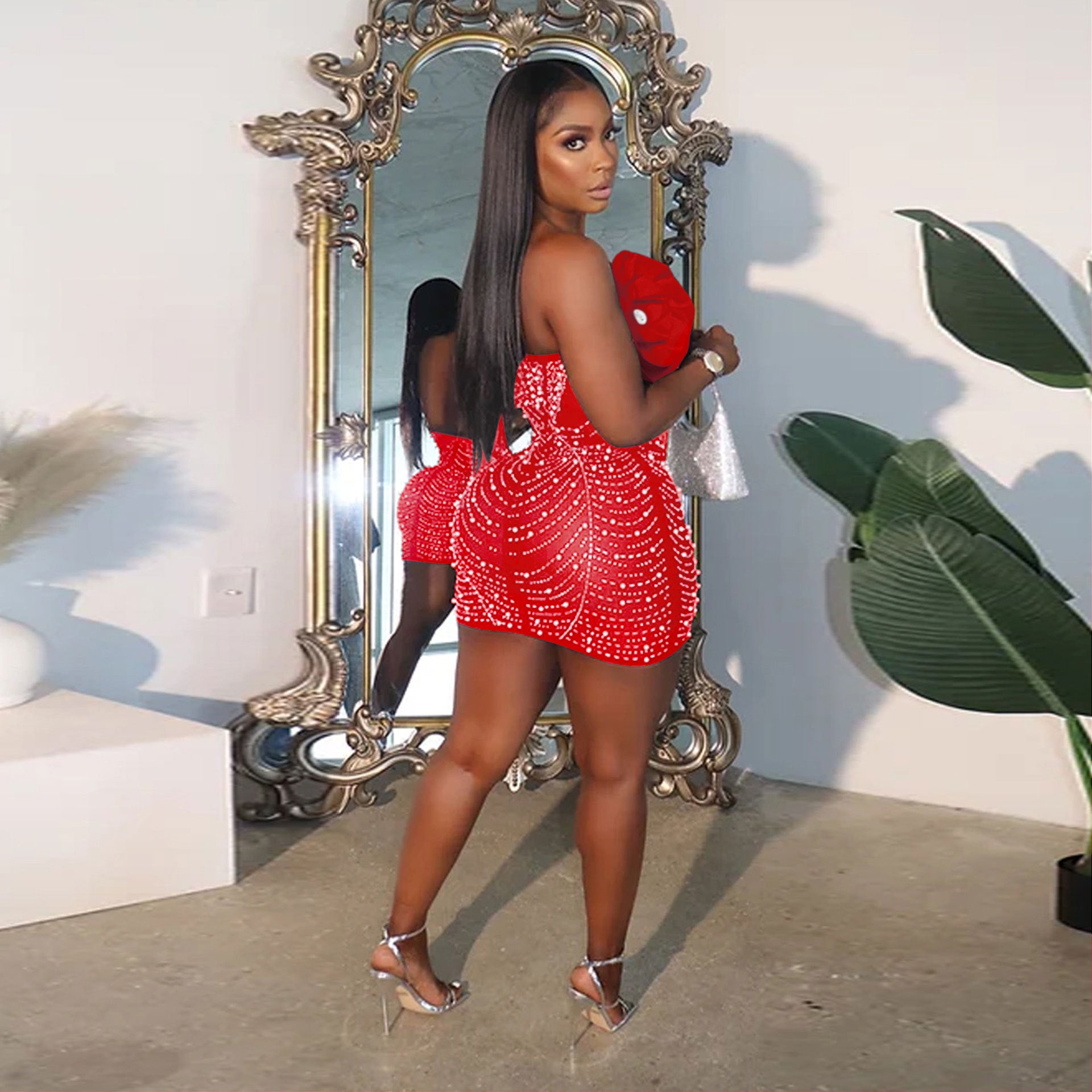 Women Sexy Beaded Pearl V Neck Flower Dress 4