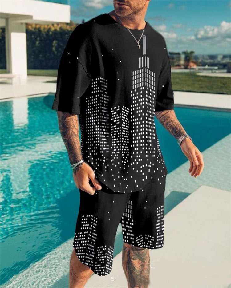 Men's Casual Colorblock Print Short Sleeve T-Shirt and Shorts Two-Piece Set 27