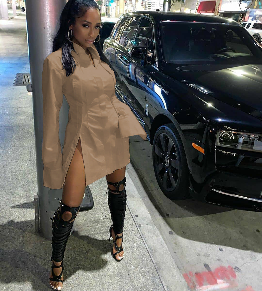 Women's Solid Color Single-Breasted Slit Long Sleeves Shirt Dress 5