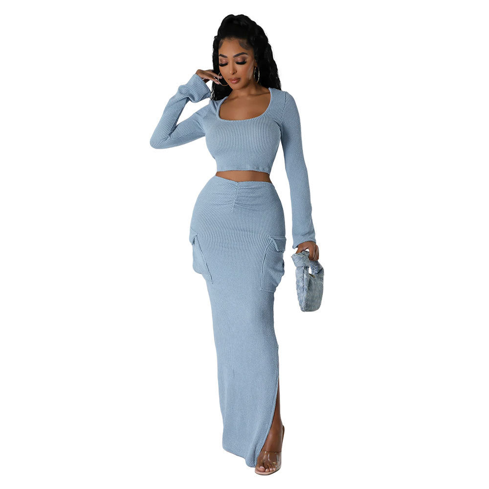 U-neck Tight Fitting short top with high waist and slit Bodycon long skirt autumn and winter two-piece set 28