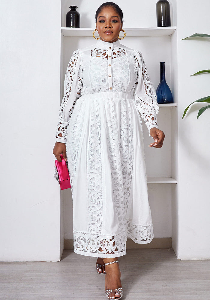 Autumn Lace Sheer Embroidered Blouse High Waist Midi Skirt Set