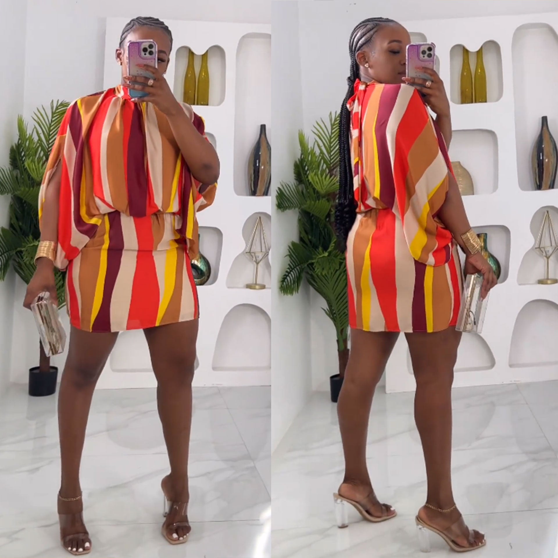 Women Sexy Color Stripe Print Lace-Up Bat Sleeves Bodycon Dress