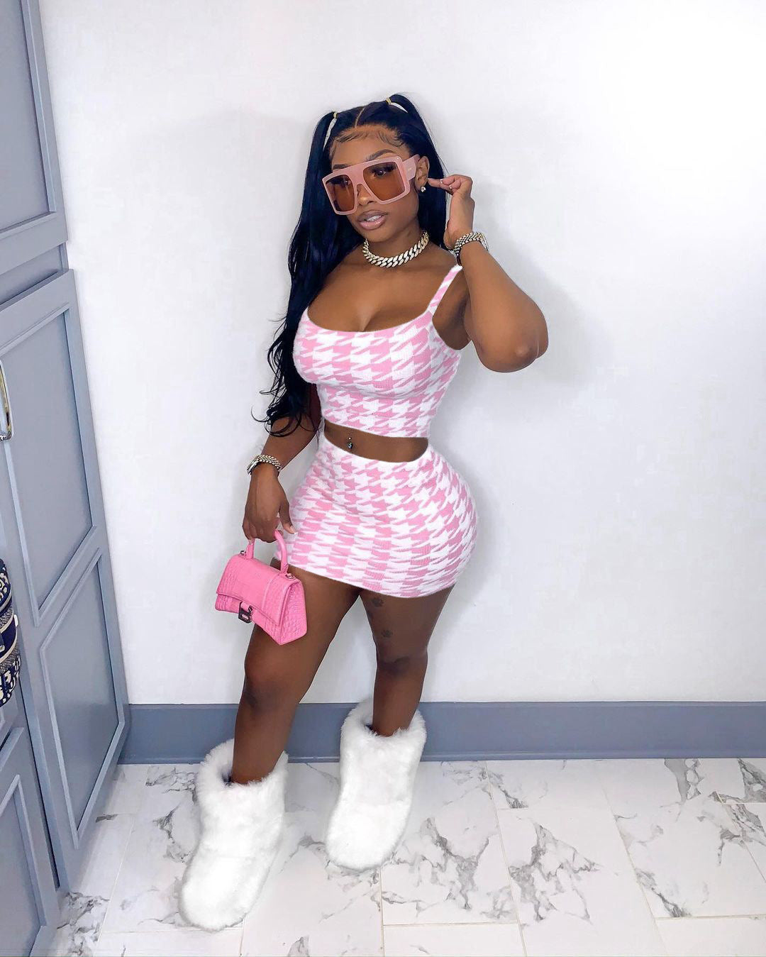 Ladies Houndstooth Tank Top Skirt Set Two-Piece Set 3