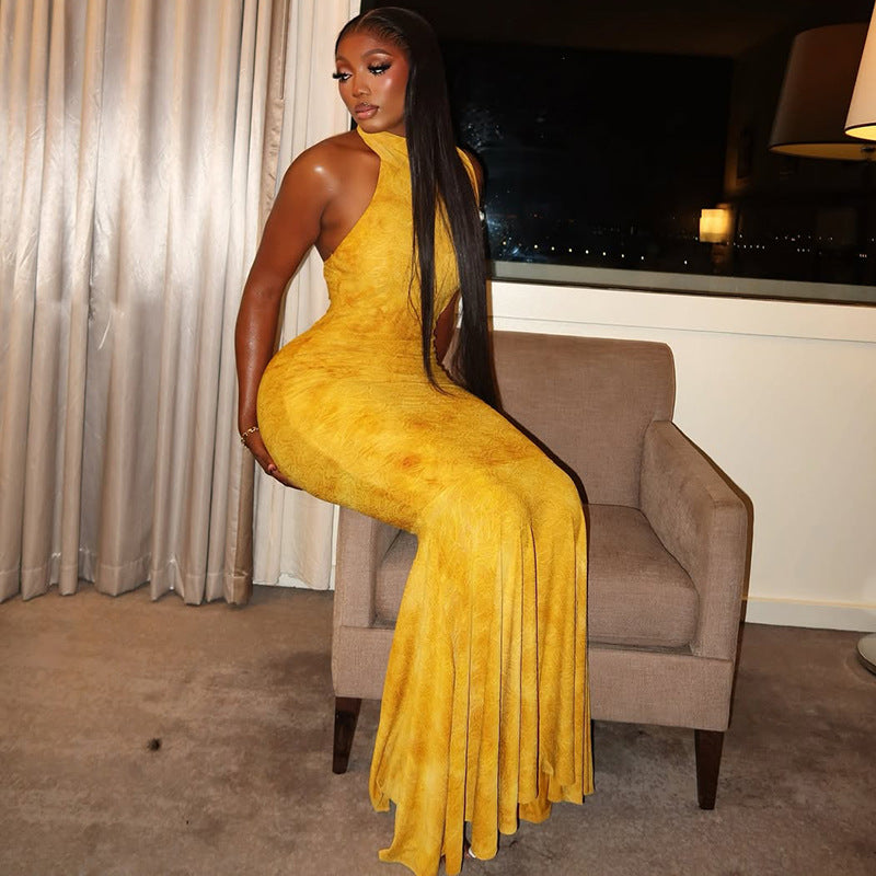 Women Elegant Sexy Backless High Neck Bodycon Fishtail Dress