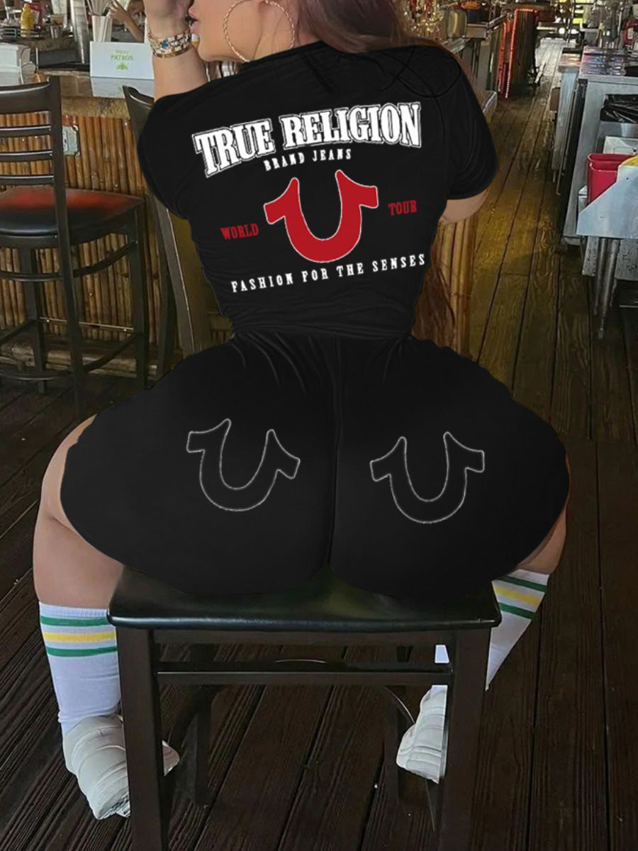 Women Letter Print Top and Shorts Two-piece Set