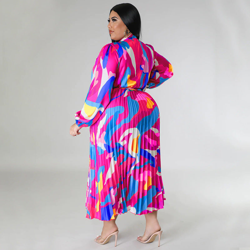 Plus Size Women Lace-Up Long Sleeve Printed Pleated Dress 25