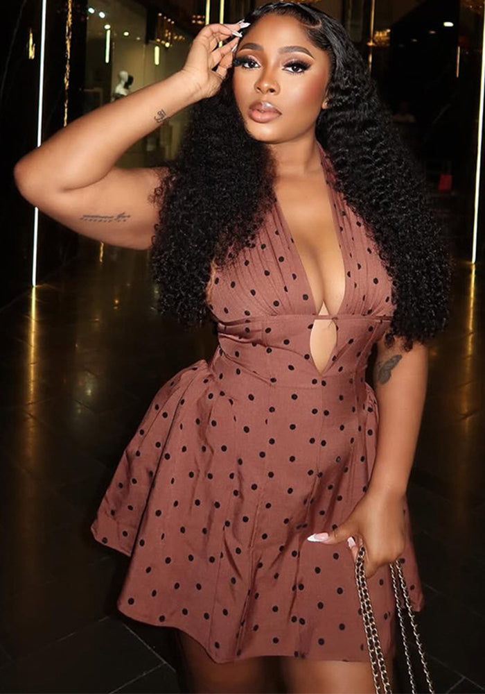 Print Polka Dot Women's Slim Waist Sexy A-Line Pleated Deep V-Neck Sleeveless Short Dress