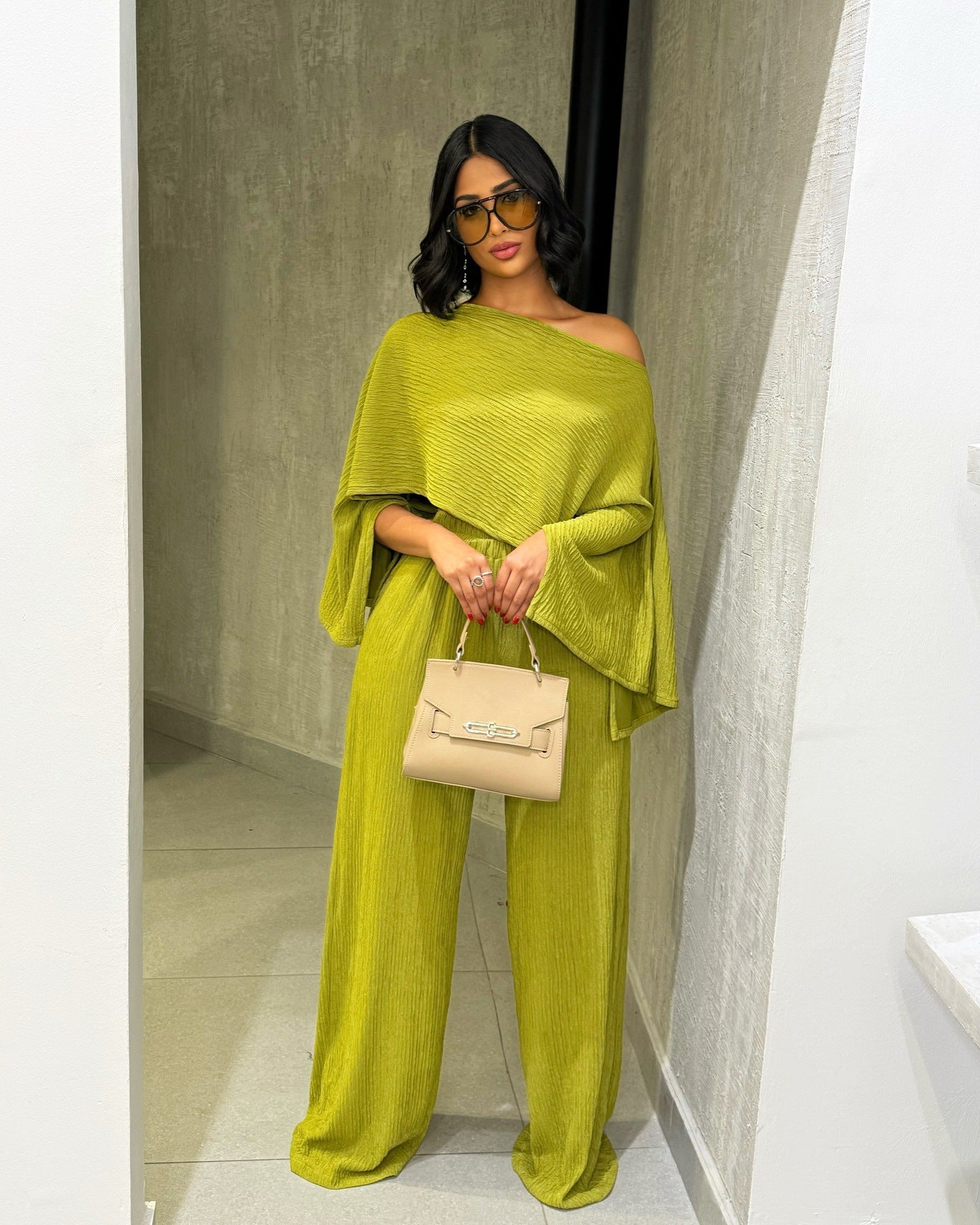 Women's Pleated Slash Shoulder Top and Pants Africa Chic Set 3