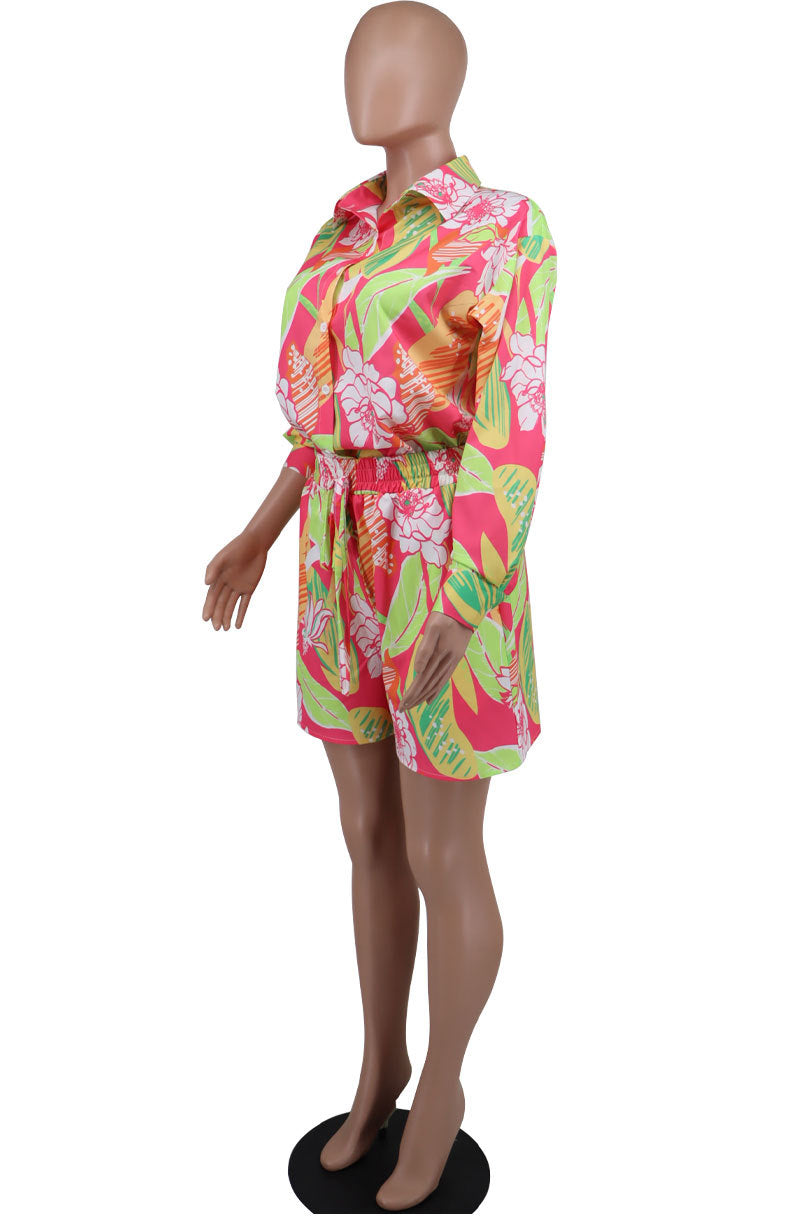 Women Spring Printed Shirt and Shorts Casual Two-piece Set 6