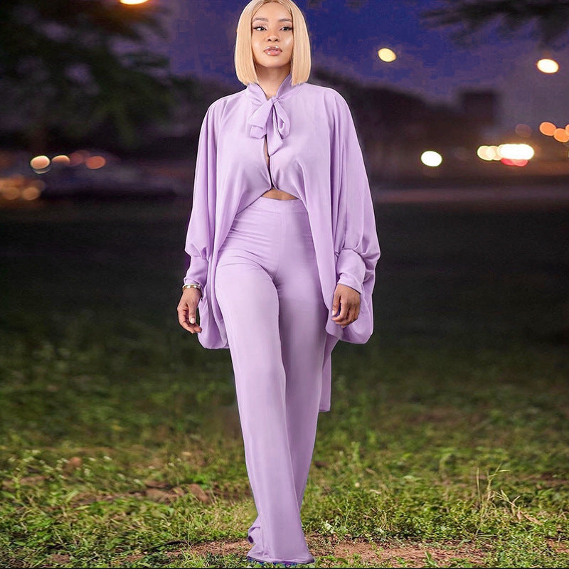 Autumn And Winter Chic Women's Suit Fashionable Baton Loose-Sleeved Shirt Straight-Leg Trousers Two-Piece Set 6