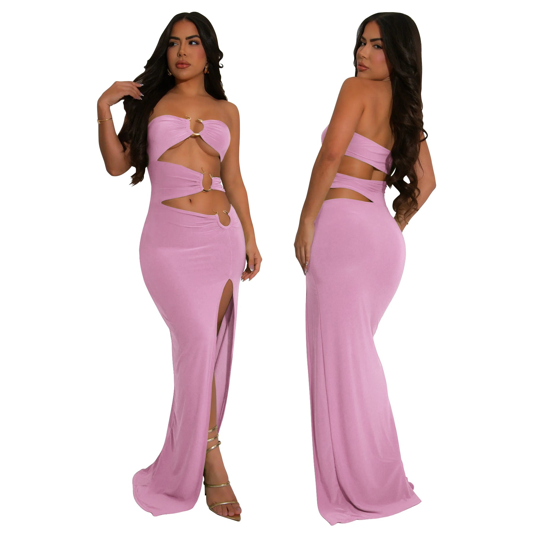 Fashion Women's Metal Decoration Solid Color Low Back Sexy Strapless Slit Long Dress 5