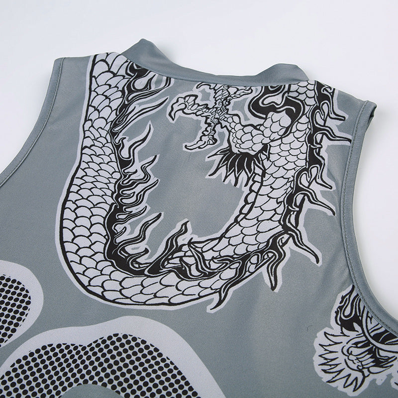 Women's Style Dragon Print Fashion Zip Sleeveless Vest Trousers Casual Two Piece Pants Set 16