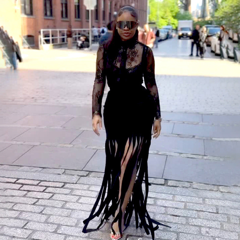 Women autumn sexy mesh see-through top and long skirt two-piece set 3