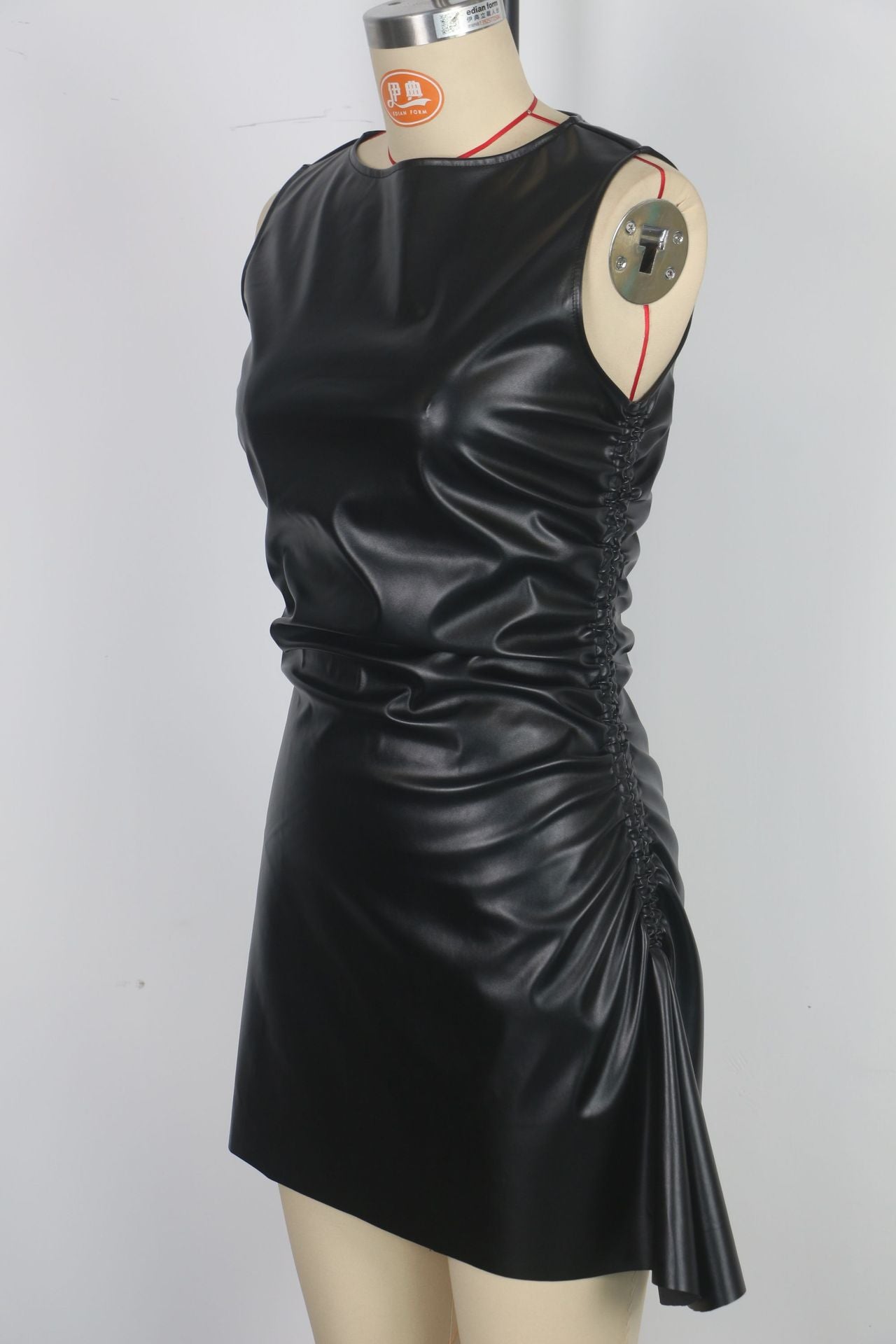 Women sexy pleated sleeveless pu Leather skirt Off Shoulder asymmetric dress 9