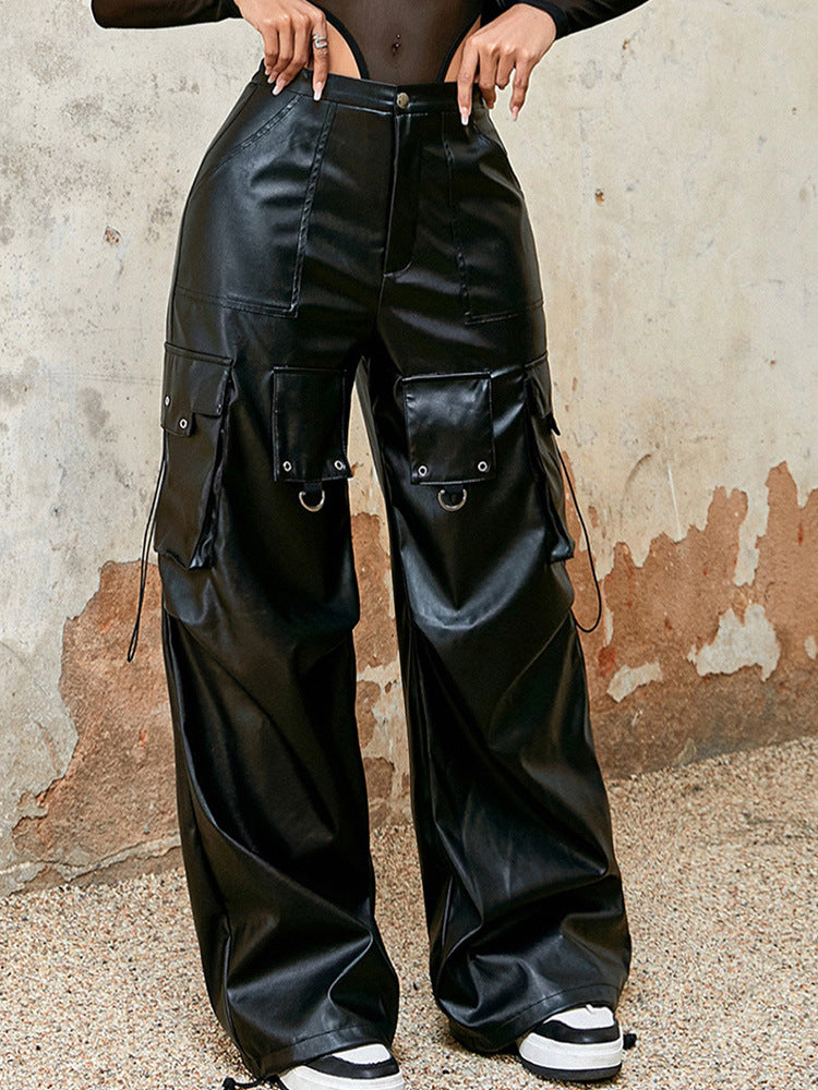 American Wide Leg Red Cargo Pants Women's Summer Drawstring Casual Straight Leg Fashion Trousers 4