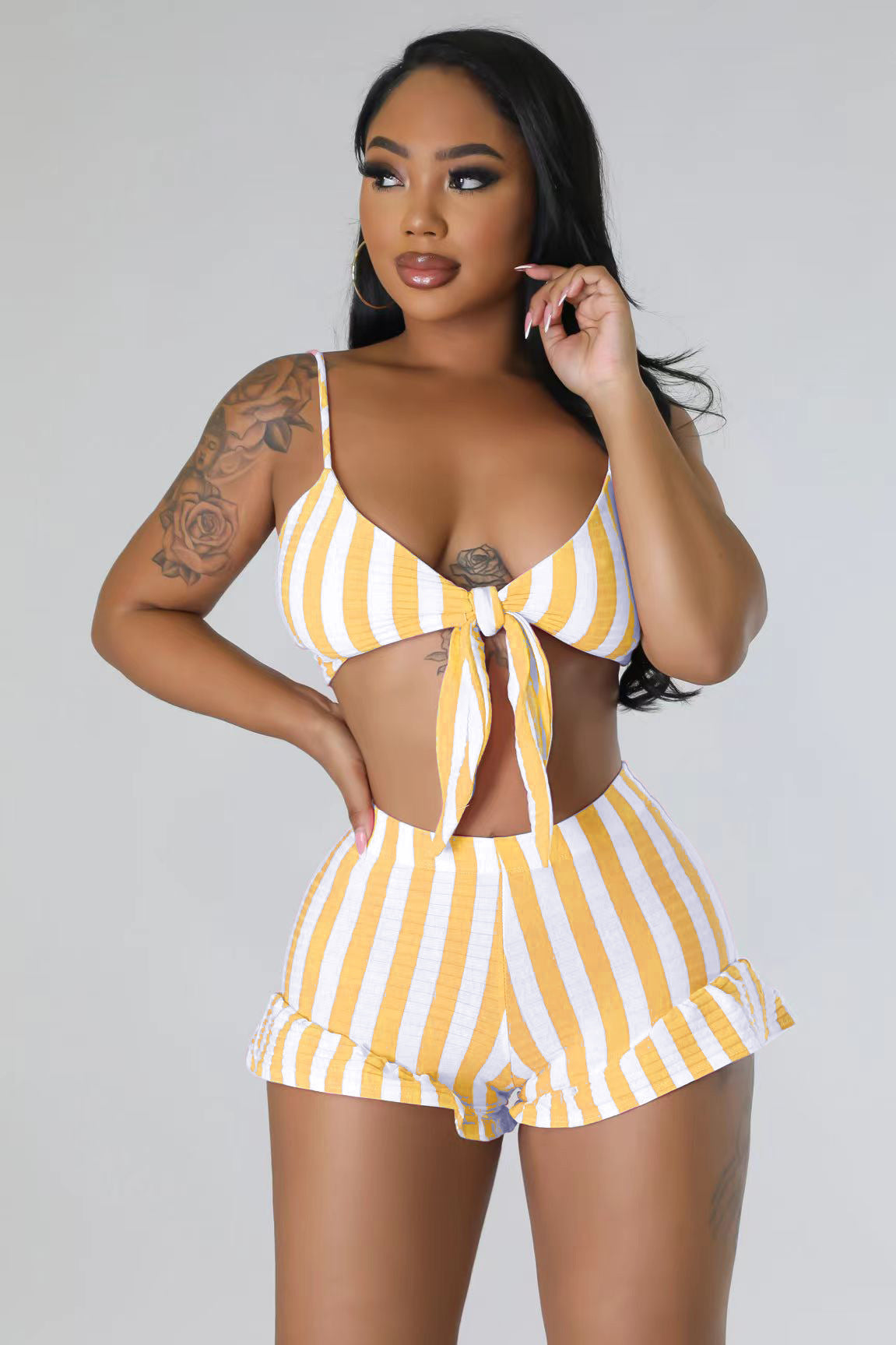 Women's Clothing Sexy Fashion Ribbed Stripe Two-Piece Shorts Set For Women