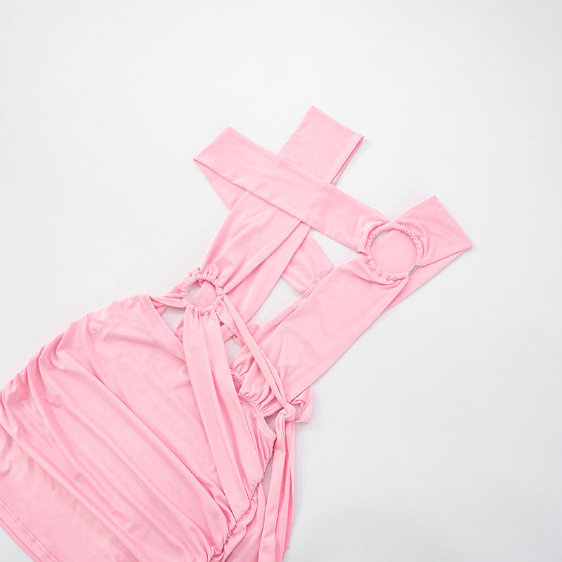 Women Sexy Hollow Cross Lace-Up Ribbon Bodycon Dress 17