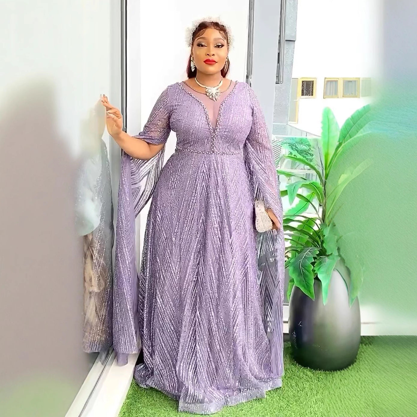 African Fashion Women's V-Neck Sequin Dress Plus Size Formal Party Dress 4