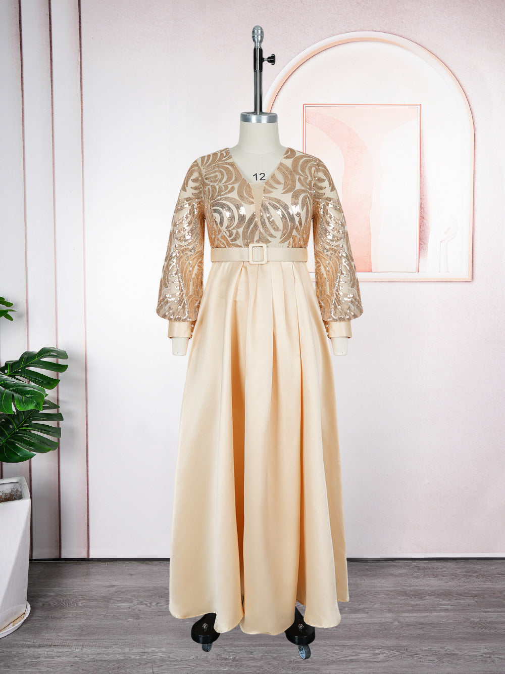 Plus-size African Women sequined lace long-sleeved V-neck elegant maxi dress 12