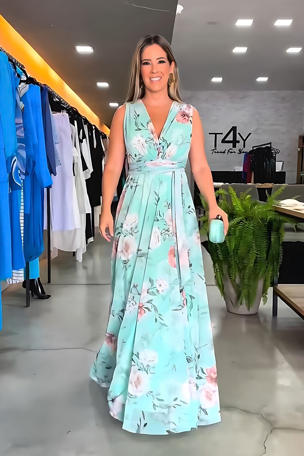 Women summer elegant chiffon sleeveless print slit dress 4