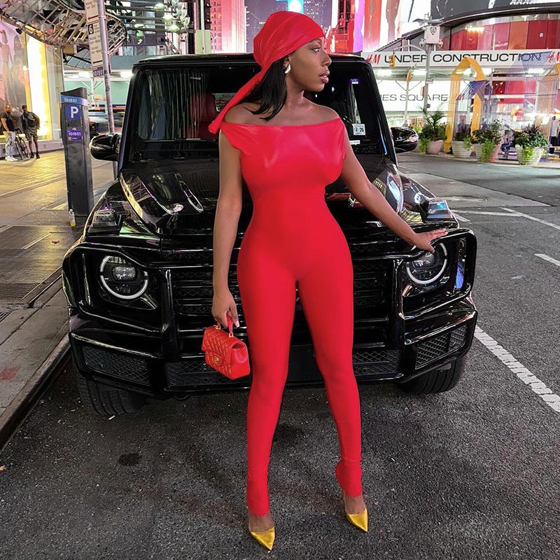 Women Solid Square Neck Zipper Sleeveless Stretchy Jumpsuit