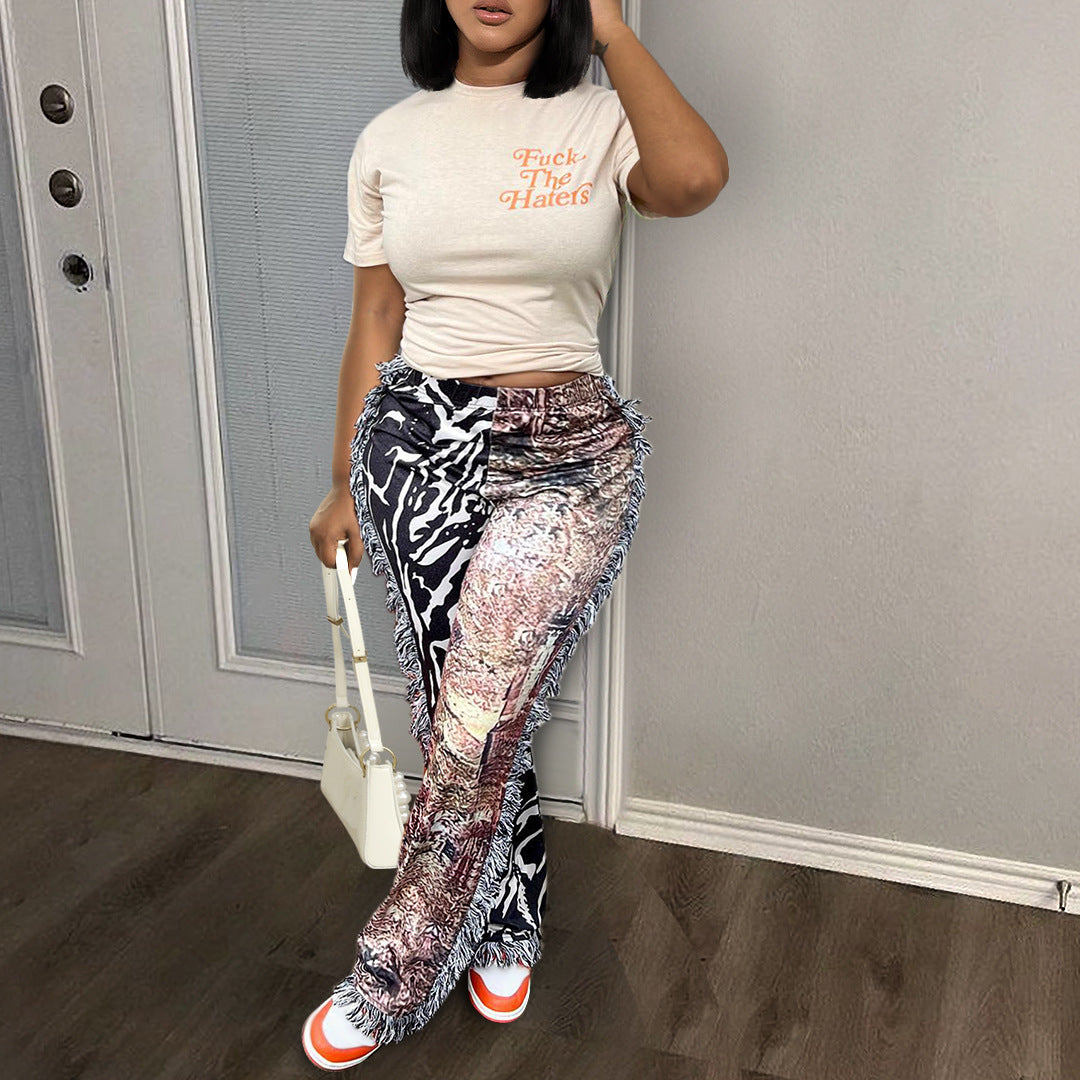 Autumn Casual Fashion Multi-Color Pattern Tassel Velvet Pants + T-Shirt Set For Women