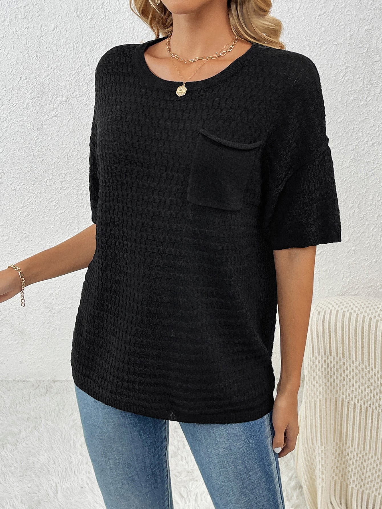 Women Spring and Summer Pocket Short Sleeve Solid knitting Blouse
