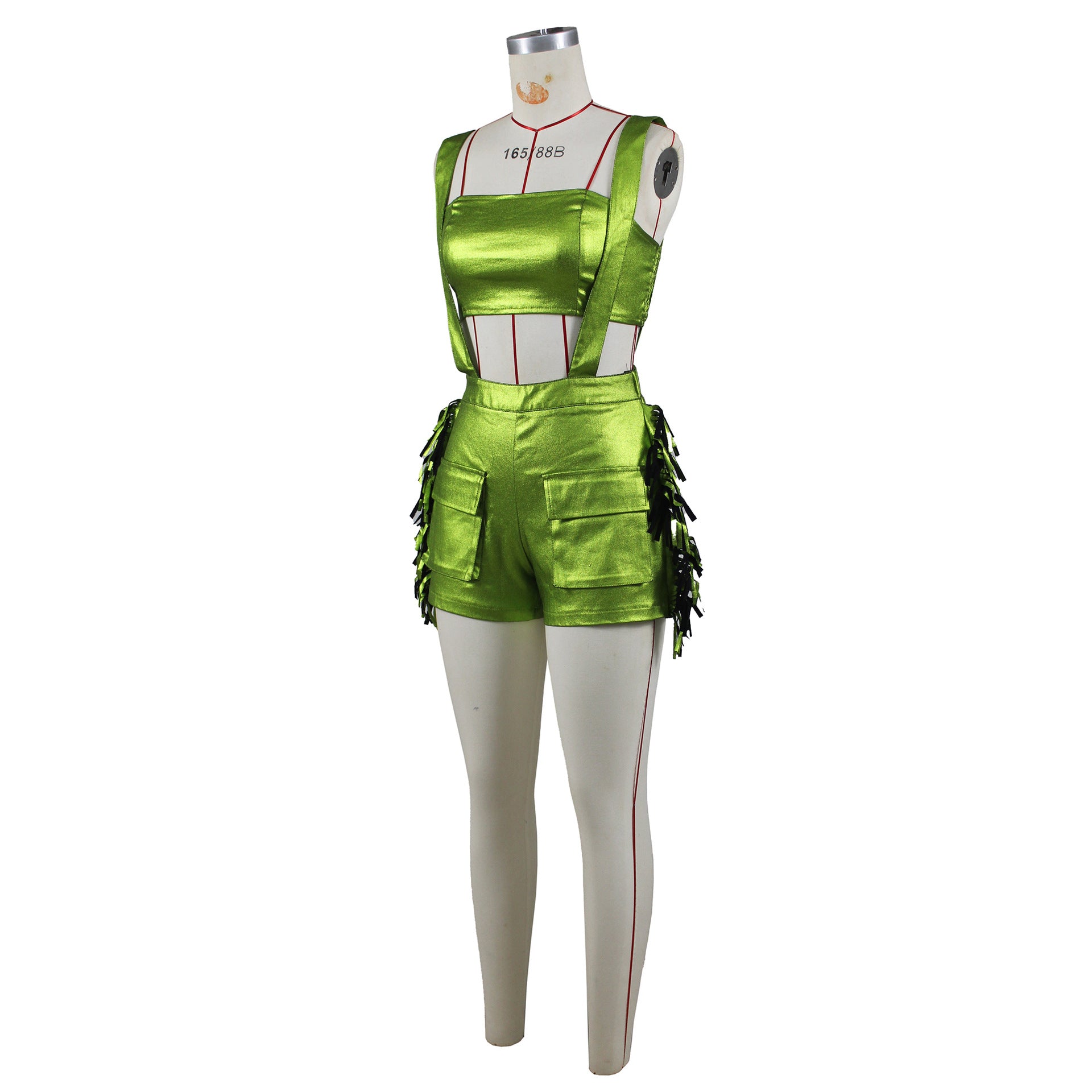 Women Sexy Wrapped Chest And Tassel Bib Shorts two piece Set 11