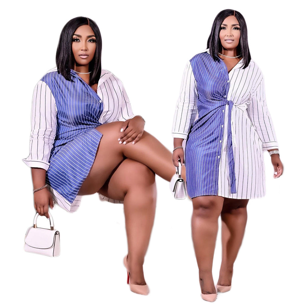 Women Contrast Color Long Sleeve Striped Shirt Dress 10