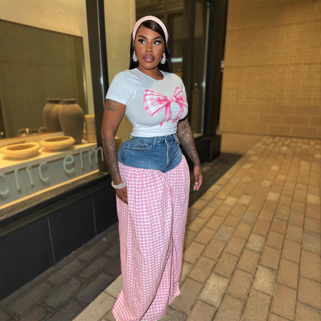 Women Patchwork Plaid Print T-shirt Casual Wide Leg Pants Two-piece Set 6