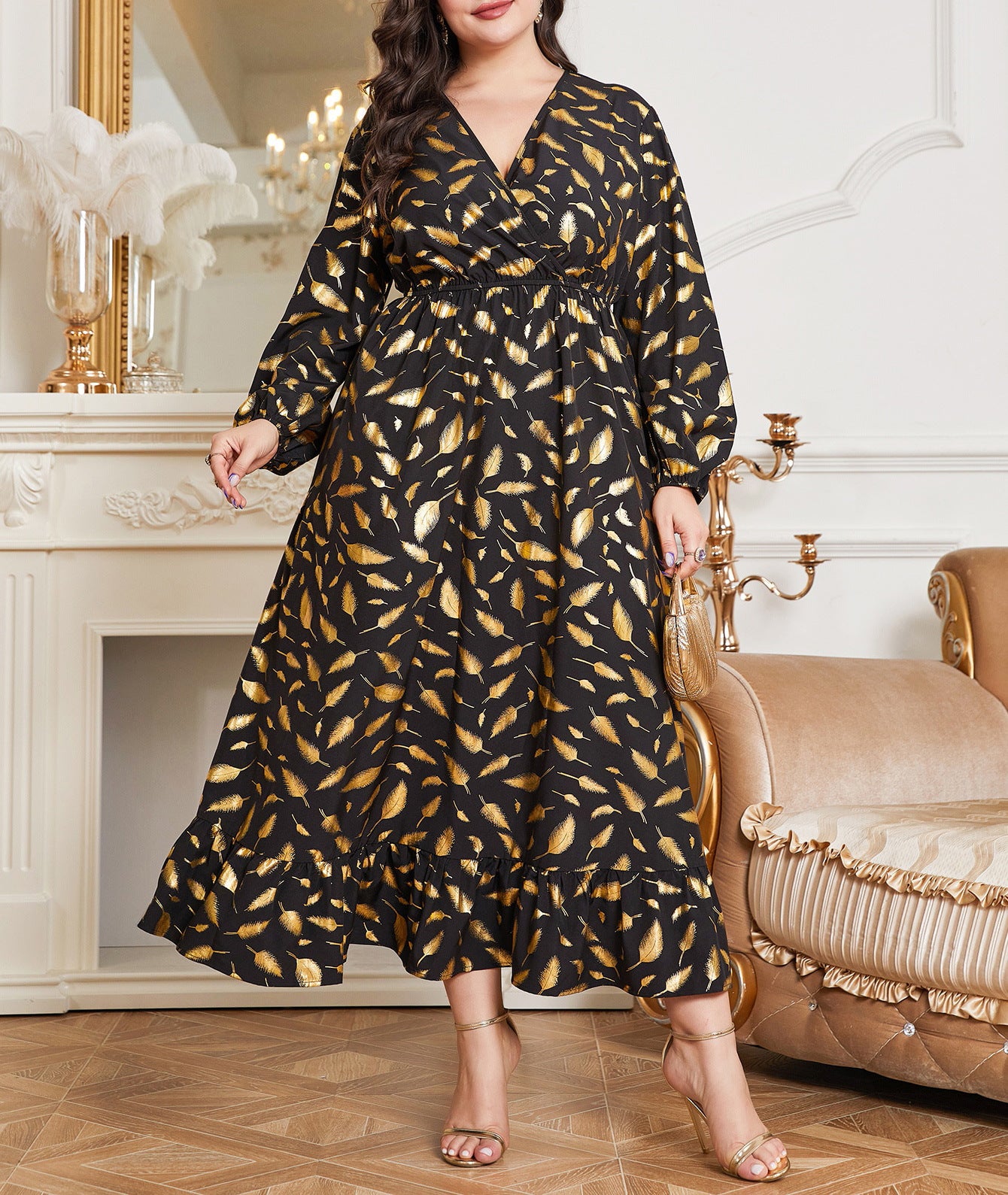 Plus Size comfortable Waist Feather Print Women's Dress