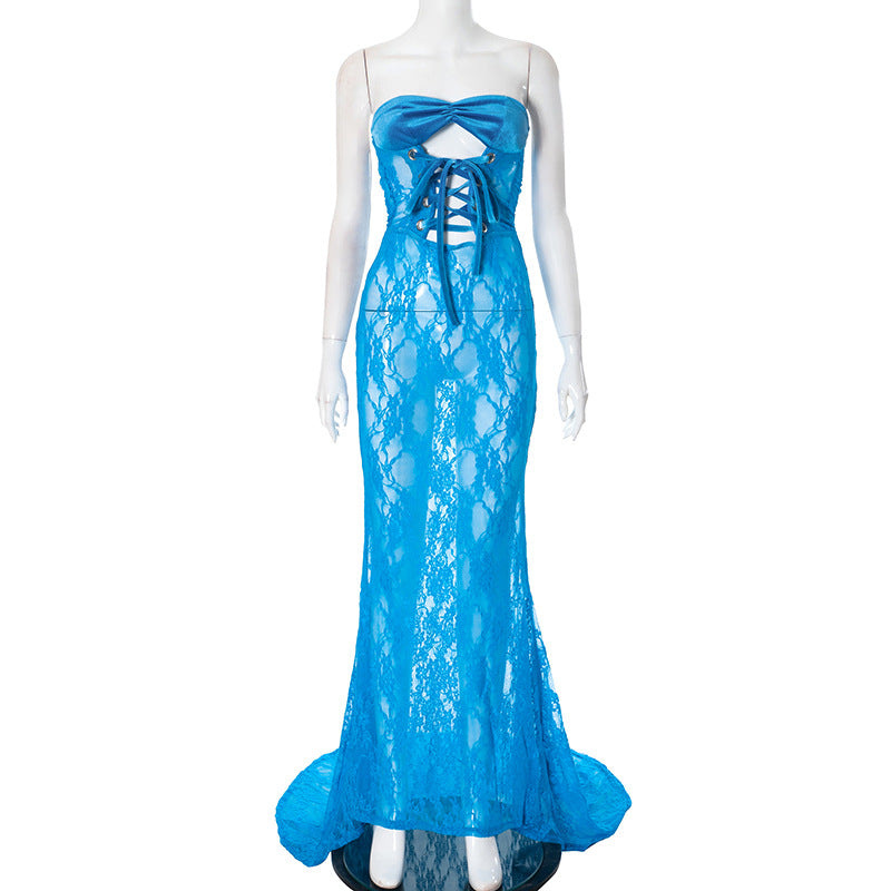 Women Mesh Lace-Up Strapless Dress 11