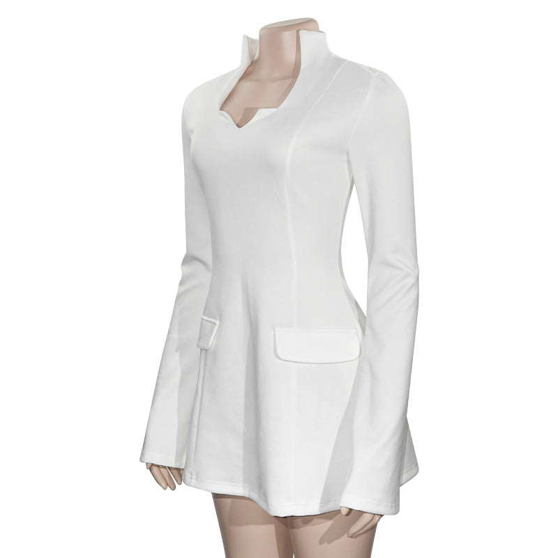 Spring Solid Color V-Neck Long Sleeve Slim Short Sexy Women's Dress 8