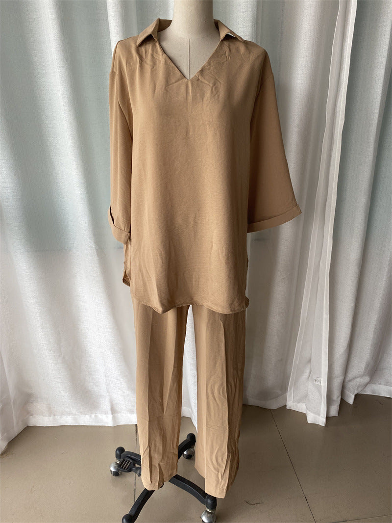 Plus Size Women Loose Top and Slit Wide Leg Pants Two-piece Set 15