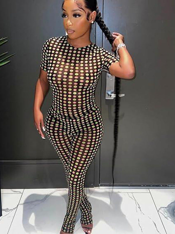 Women Multi-Color Polka Dot Mesh Printed Short Sleeve Top and Pants Two-Piece Set 4