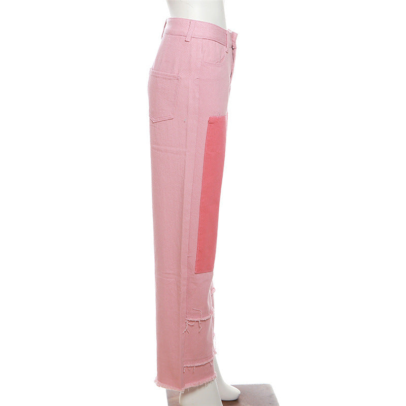 Autumn Women's Patchwork Contrast Color High Waisted Loose Casual Denim Pants For Women 12