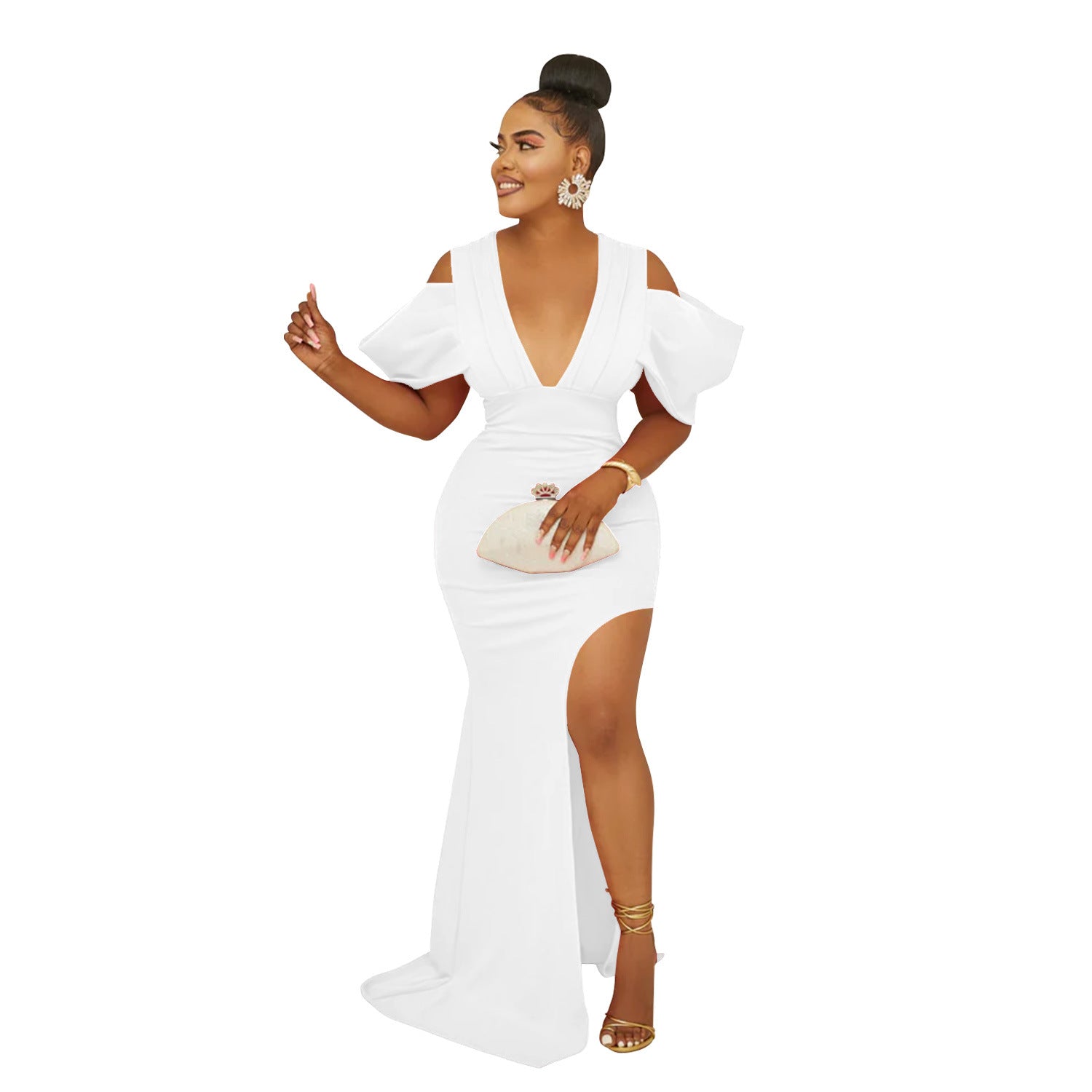 Women's Fashion Solid Color V-Neck Pleated Slit Maxi Dress 13