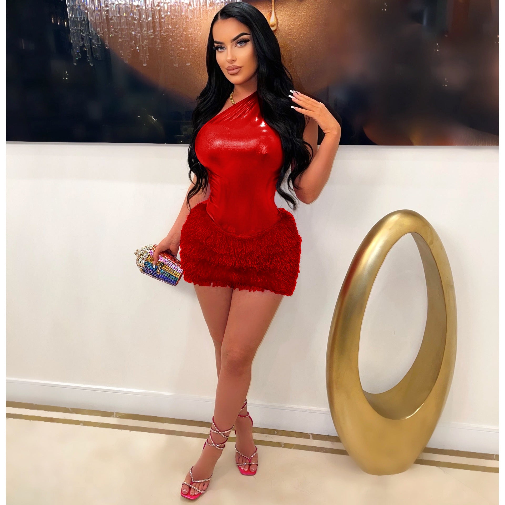 Women's Solid Color Glossy Bodysuit Sexy Short Skirt Two-Piece Set