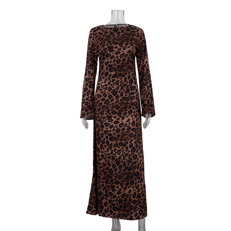 Round Neck Sexy Long Autumn Leopard Print High Waist Slim Dress 6