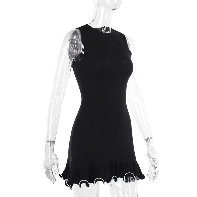 Spring Women's Solid Color Round Neck Sleeveless Ruffled Slim Dress 8