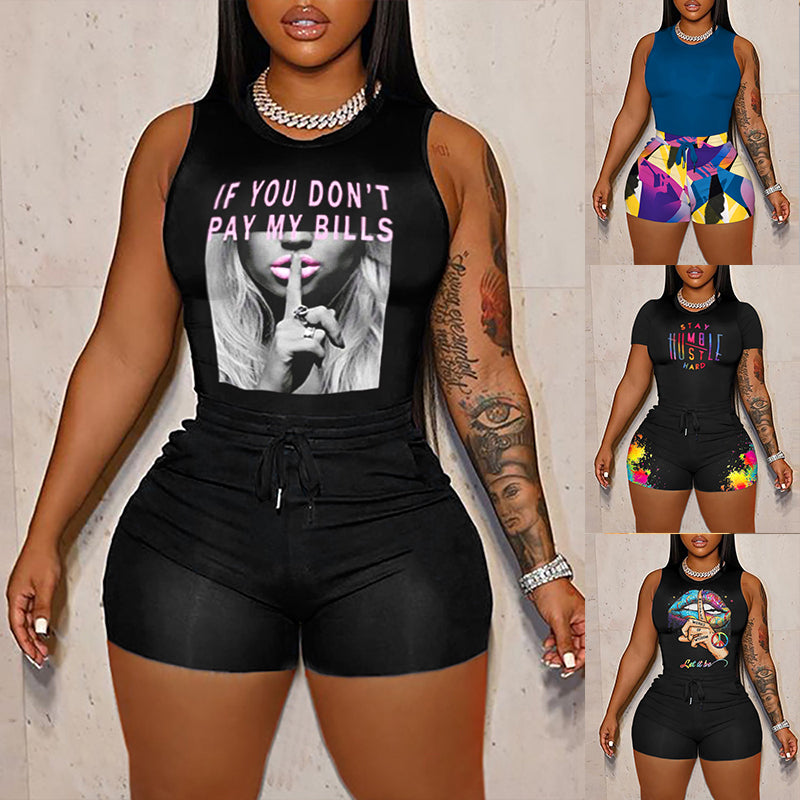 Women'S Sleeveless Print Top + Shorts Two Piece Set